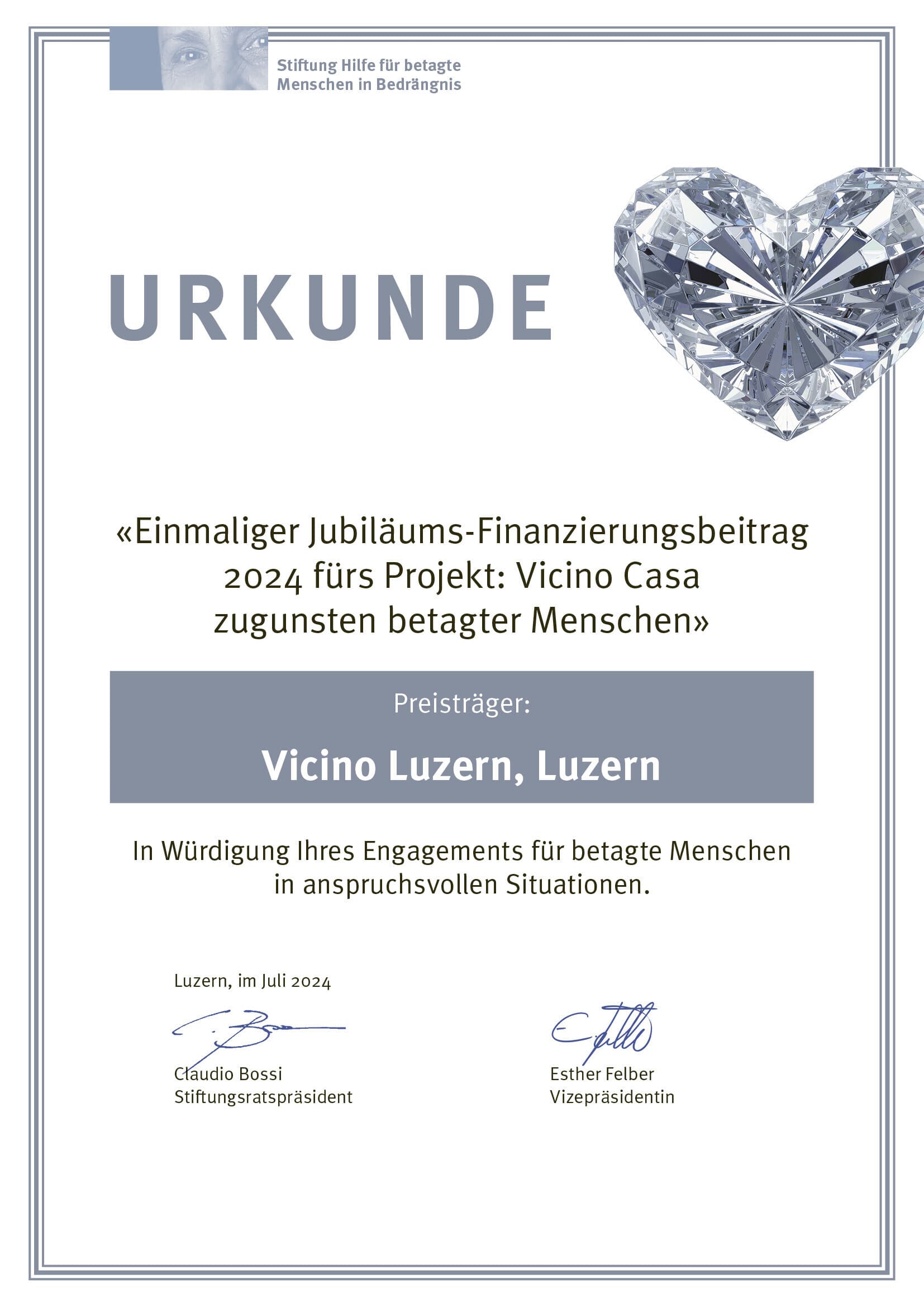 Urkunde Vicino Jubilaeum
